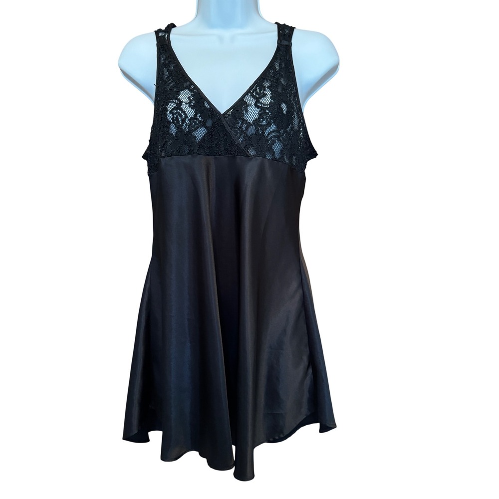Vintage Val Mode Lingerie Chemise Slip Dress Medium Black Lace Satin Vamp Goth